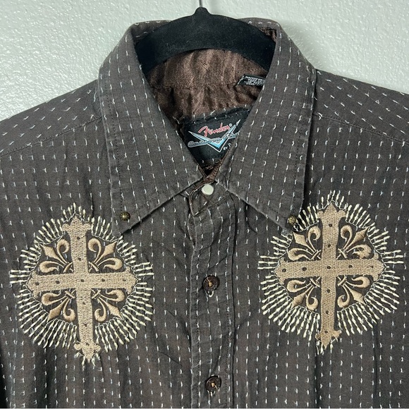 VINTAGE Fender Custom Shop Brown Men L Long Sleeve Cotton Shirt Cross Embroidery - Picture 2 of 11